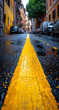 Wet street with bright yellow road markings.