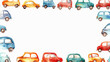 Colorful watercolor vintage cars on a white backdrop.