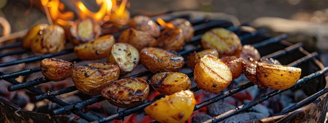 Wall Mural - fried potatoes on the barbecue against the background of nature. Selective focus