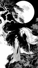 Monochrome Image Of A Tranquil Encounter Between An Elegant Woman And A Horse Under A Full Moon