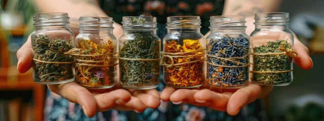 Canvas Print - close-up of a woman holding supplements with herbs in her hands