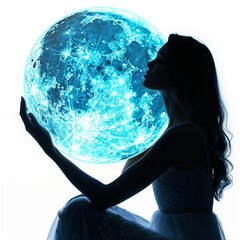 Wall Mural - Girl holding a 3D Blue Moon icon, on the white background,