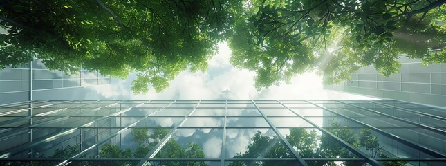 Ecofriendly building in the modern city Green tree branches with leaves and sustainable glass building for reducing heat and carbon dioxide Office building with green environment G