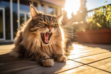 Wall Mural - Group portrait photography of a happy siberian cat growling while standing against sunlit patio