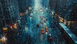 New York City street scene with cars and people crossing the road. It's raining and the street is wet. The painting is in a realistic style.