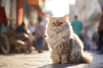 Wall Mural - Medium shot portrait photography of a happy persian cat investigating isolated on lively street