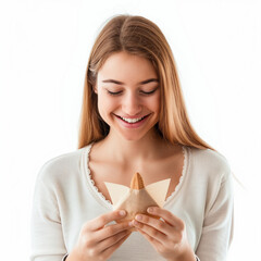 Poster - Woman opening a fortune cookie to reveal a message