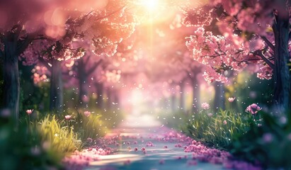 Wall Mural - beautiful cherry blossoms in spring season, scenic view, created with ai