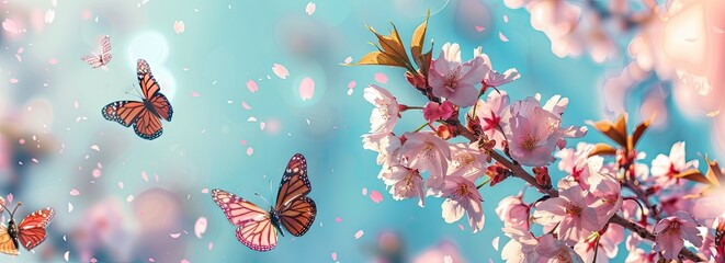 Sticker - Beautiful spring cherry blossoms background, butterflies, created with AI