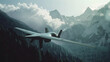 Stealthy unmanned aerial vehicle (UAV) soars through a misty mountainous terrain at dawn.
