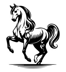 Wall Mural - A beautifully stylized illustration of a prancing horse, captured in black and white with flowing mane and tail.