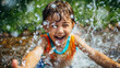 Joyous child playing in sprinkler on sunny summer day