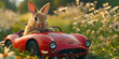 Adorable rabbit drives a vintage red sports car through a blooming meadow