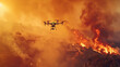Drone hovers above a raging wildfire at dusk, capturing the inferno below.