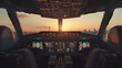Cockpit view at dusk, the pilot's perspective as the sun sets over the horizon on the runway.