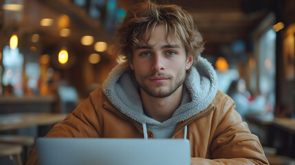 Wall Mural - Young man working on laptop, IT programmer freelancer or student with computer in cafe at table looking in camera