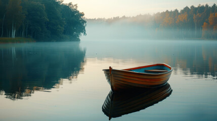 Naklejka na meble A serene lake at dawn with a lone rowboat gently floating amid misty woodlands