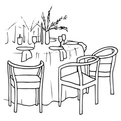 drawing of a hand drawn round table for guests and empty chairs. outline illustration of a wedding or other festive special event 