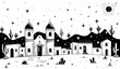 Black and white woodcut illustration of a Mexican villa under a starry sky