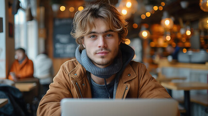 Wall Mural - Young man working on laptop, IT programmer freelancer or student with computer in cafe at table looking in camera