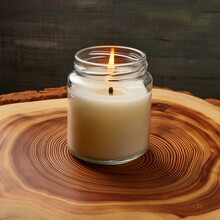 Close-up Representation Of A Grunge Glass Jar With A Burning Candle, Set Against The Backdrop Of A Wooden Live Edge Accent Coffee Table. The Soft, Diffused Light From The Candle Casts A Warm And Invit