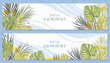 Fototapeta Pokój dzieciecy - Summer horizontal banner with tropical leaves. Design templates for celebration, sales, ads, label, poster. Vector Illustration