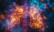 A close up of a human lung with orange and blue smoke surrounding it