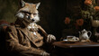 An elegant fox wears a designer trench coat, accessorized with a golden pocket watch and a silk ascot.