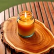 candle on wooden table.a grunge glass jar with a burning candle, placed on a wooden live edge accent coffee table. The play of light and shadow adds depth to the composition, while the natural imperfe