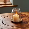 a grunge glass jar with a burning candle, placed on a wooden live edge accent coffee table. The play of light and shadow adds depth to the composition, while the natural imperfections of the wood surf