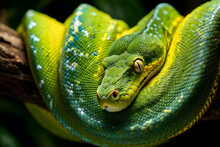 Green Tree Python In Detail. Suitable For Biology Textbooks, Wildlife Magazines, And Desktop Wallpapers.