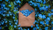A craft paper envelope ,.surrounded by Forget-me-Not