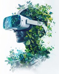 Virtual digital biotechnology tree engineering concept 3D render VR helmet augmented reality vitamin supplement Medical science life eco polygon biology future research vector illu