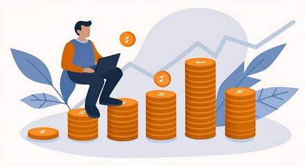 Wall Mural - A person with a laptop computer sitting on a financial chart symbolizing startup success, investment growth and planning, self made businessman finance strategy progress	