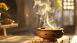 Frankincense resin on a smoking incense burner on a table