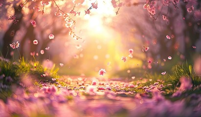 Wall Mural - beautiful cherry blossoms in spring season, scenic view, created with ai