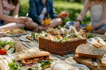 many people sitting in the grass and eating food on the picnic blanket