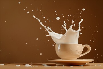 A cup of milk is splashing out of a white cup, creating a mess on the table