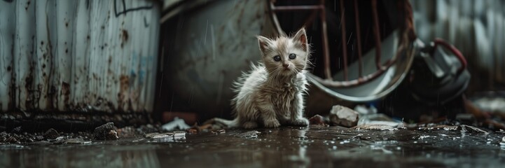 Wall Mural - A small kitten is sitting in a puddle of water