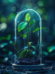 Abstract green growing plant inside glass dome Nature protection concept Low poly style design Blue geometric background Wireframe light connection structure 3d graphic concept Vec
