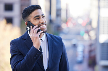 Poster - Businessman, walking and city with happiness and phone call for good news with feedback for work. Male person, entrepreneur and smartphone for communication in Dubai and business conversation.