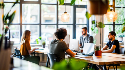 A modern coworking space with professionals working on laptops, collaborating in a well-lit, plant-filled office environment.