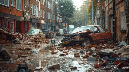 Collapsed building facade in the city after a fierce summer storm