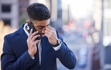 Poster - City, businessman and phone call for stress, worry and anxiety in communication mistake with contact. Confused salesman, thinking and mobile talk of problems, frustrated employee or project failure