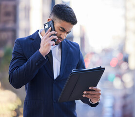 Poster - Businessman, reading and city with document and phone call for thoughts on ideas, planning and work. Male employee, outdoor and smartphone for communication in Dubai and business conversation.