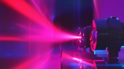 State-of-the-art laser optics setup in laboratory, with bright pink beams and sleek, futuristic environment. It represents cutting-edge technology used in scientific research, industrial applications