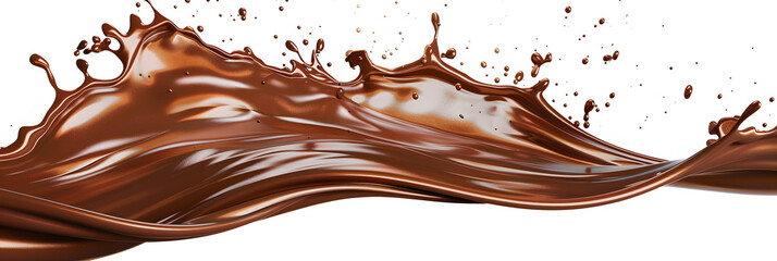 Wall Mural - liquid chocolate long wave splash, hot cocoa drink isolated on white background 3d illustration.