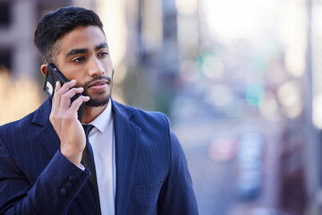 Poster - City, businessman and phone call for thinking, serious and listening with cellular mobile by space. Thoughtful salesman, idea and cell talk for solution, problem solving and network with tech