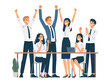 © ori-artiste - Group of people celebrating a victory or achievement. Joyful team or friends with raised hands, isolated on a white background. Concept of victory and success.