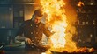 Photo of chef working and using wok stirring vegetables. Cook in uniform cooking food by holding wok with fire at modern kitchen. Close up of asian chef hand cooking and burning meat with fire. AIG42.